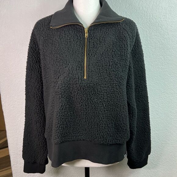 PINK Victoria Secret Sherpa Fleece Pullover 3/4 Zip Crop Black Sweater  Sz L - Picture 2 of 10